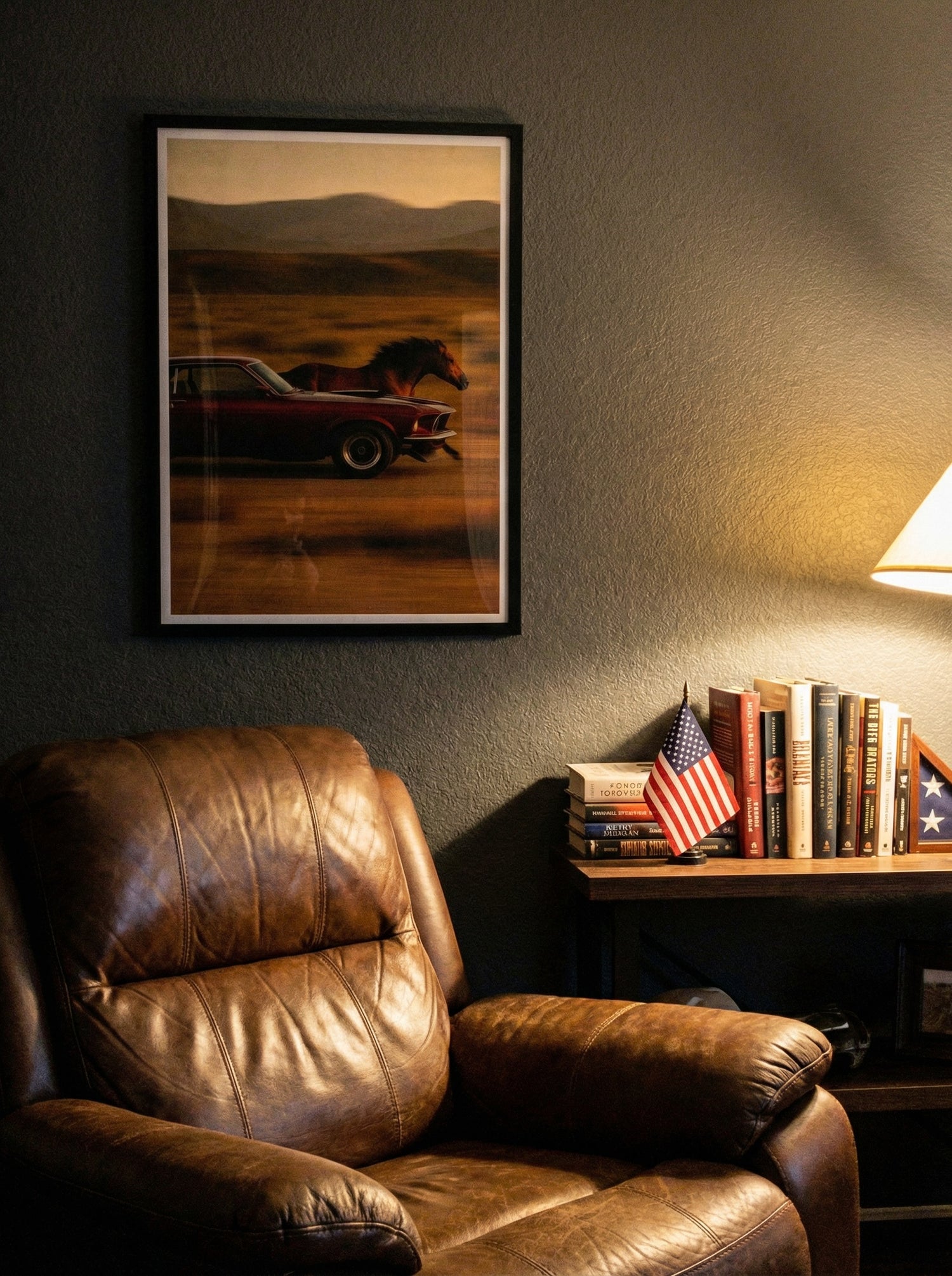 Patriotic man cave decorated with American wall art