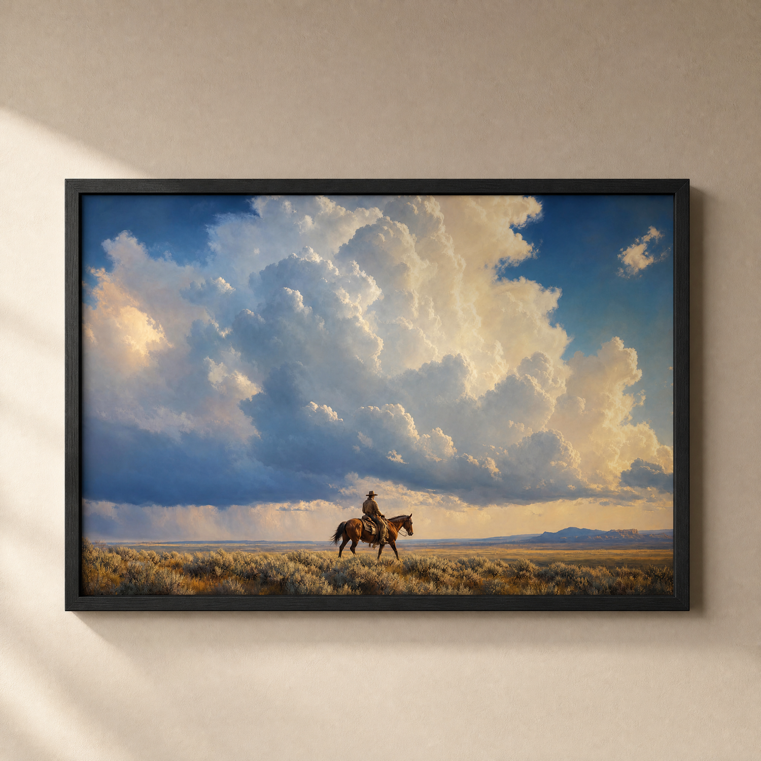 On the Road framed print in a slim matte black frame on a warm greige wall — a lone rider under a vast sky, ready to hang.