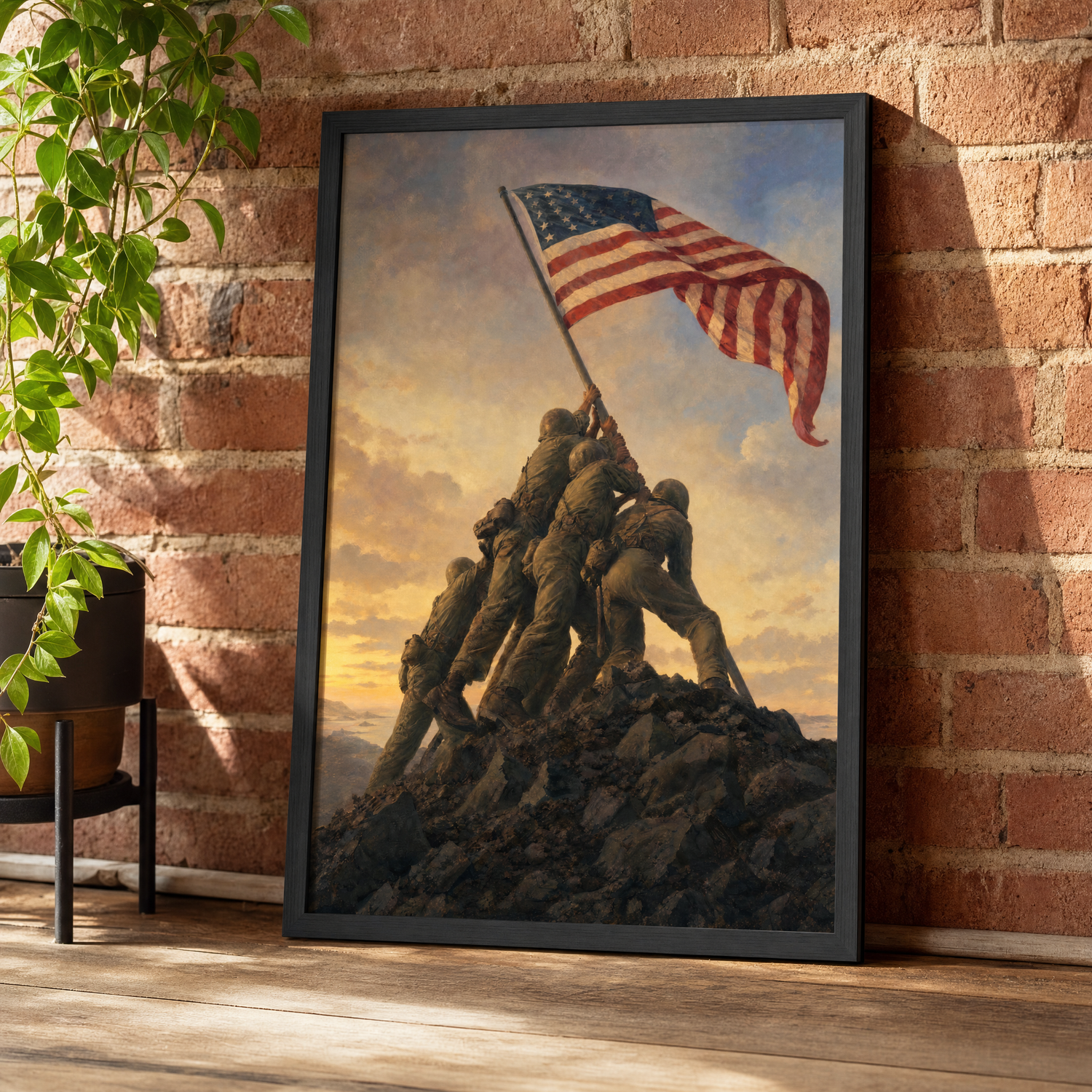 Raising the Flag on Iwo Jima framed print leaning against an exposed brick wall in a black frame.