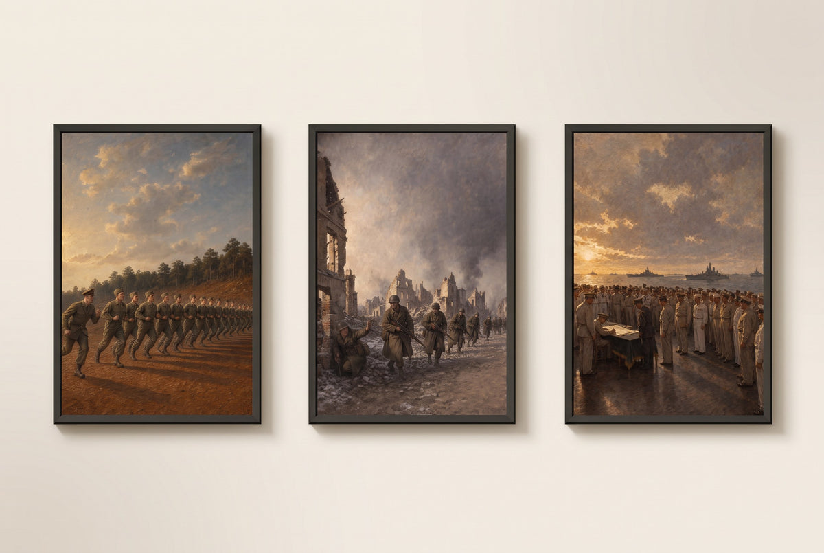 From Toccoa to Tokyo Bay set of framed prints displayed as a gallery wall