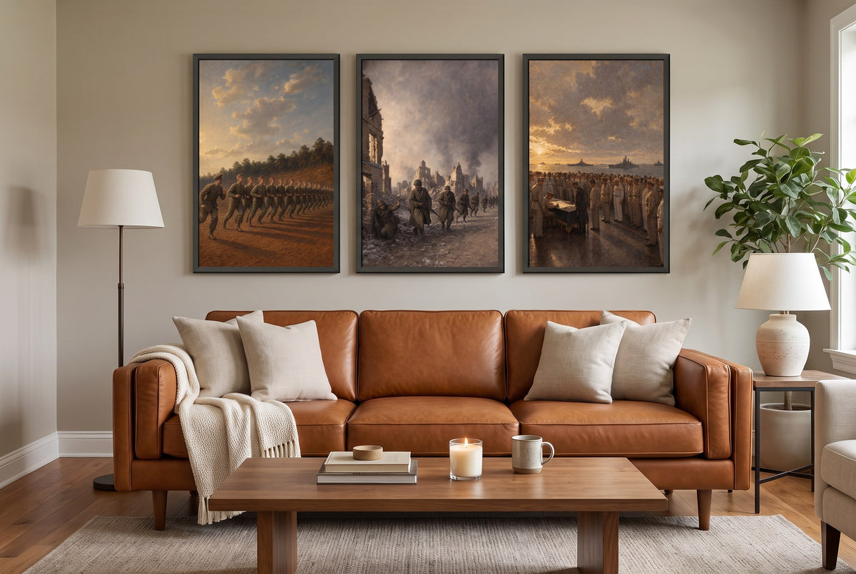 From Toccoa to Tokyo Bay framed prints hung above a sofa in a living room