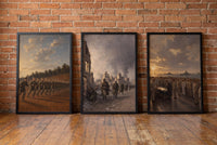 From Toccoa to Tokyo Bay framed prints leaning against a brick wall