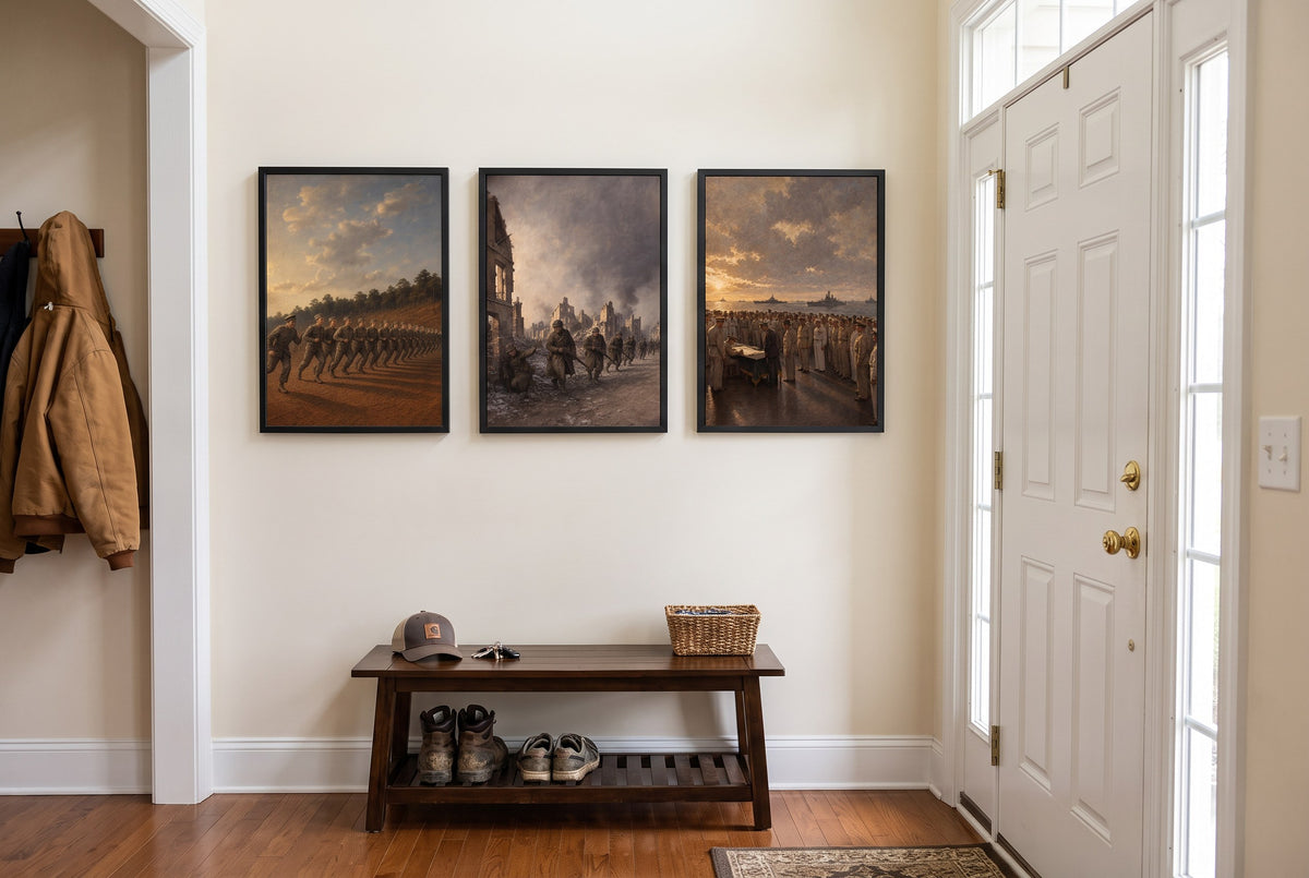 From Toccoa to Tokyo Bay framed prints hung in a front entry