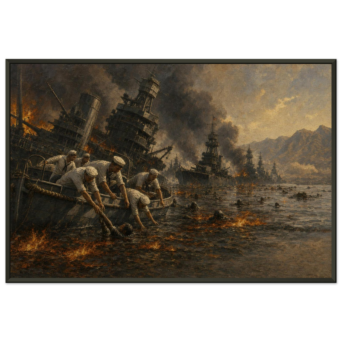 Pearl Harbor, 7 December 1941 — framed fine art print of sailors rescuing men at sea, 16x24″ in a black frame