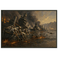 Pearl Harbor, 7 December 1941 — framed fine art print of sailors rescuing men at sea, 16x24″ in a black frame