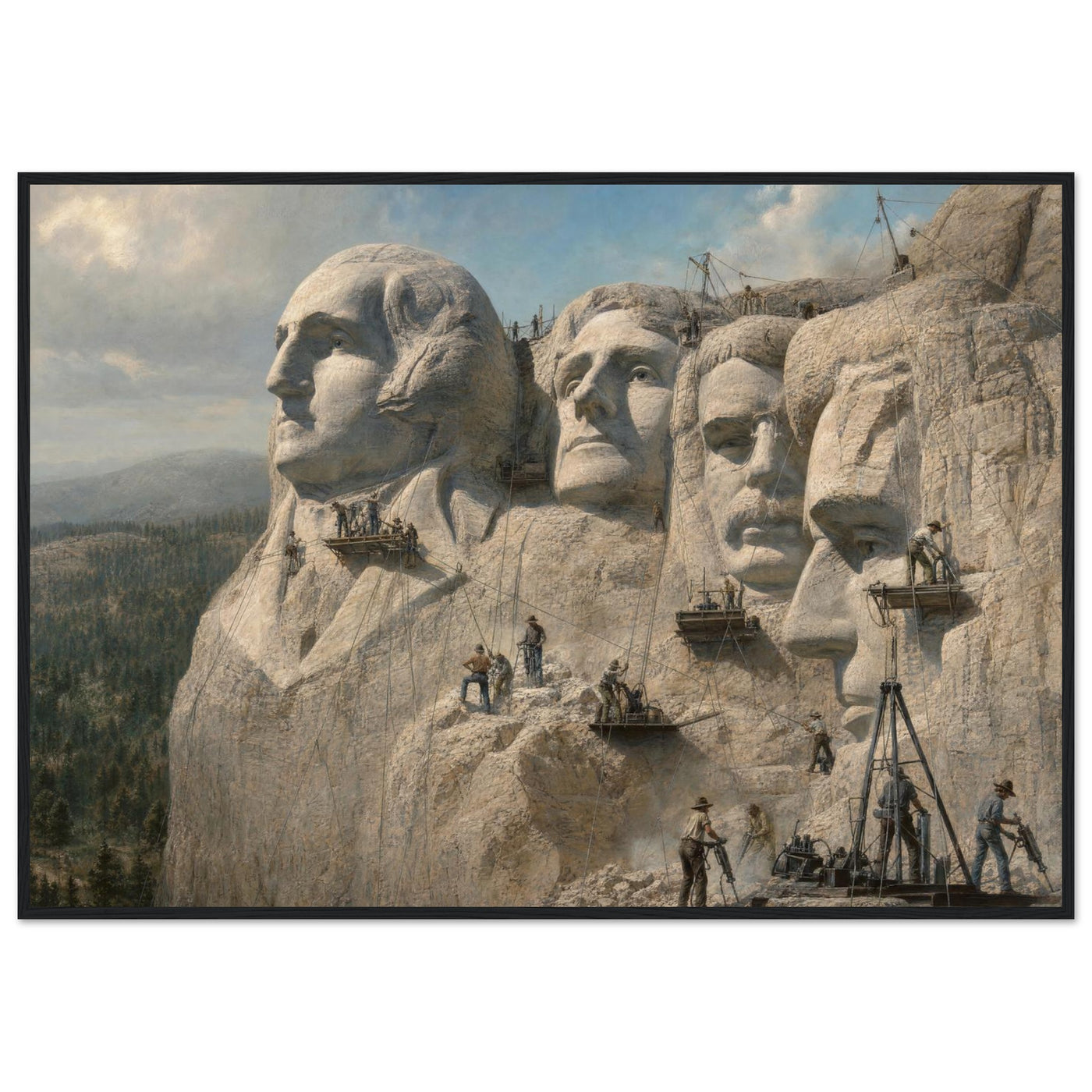 Framed panoramic art print of workers carving the presidential faces of Mount Rushmore, in a solid wood frame.