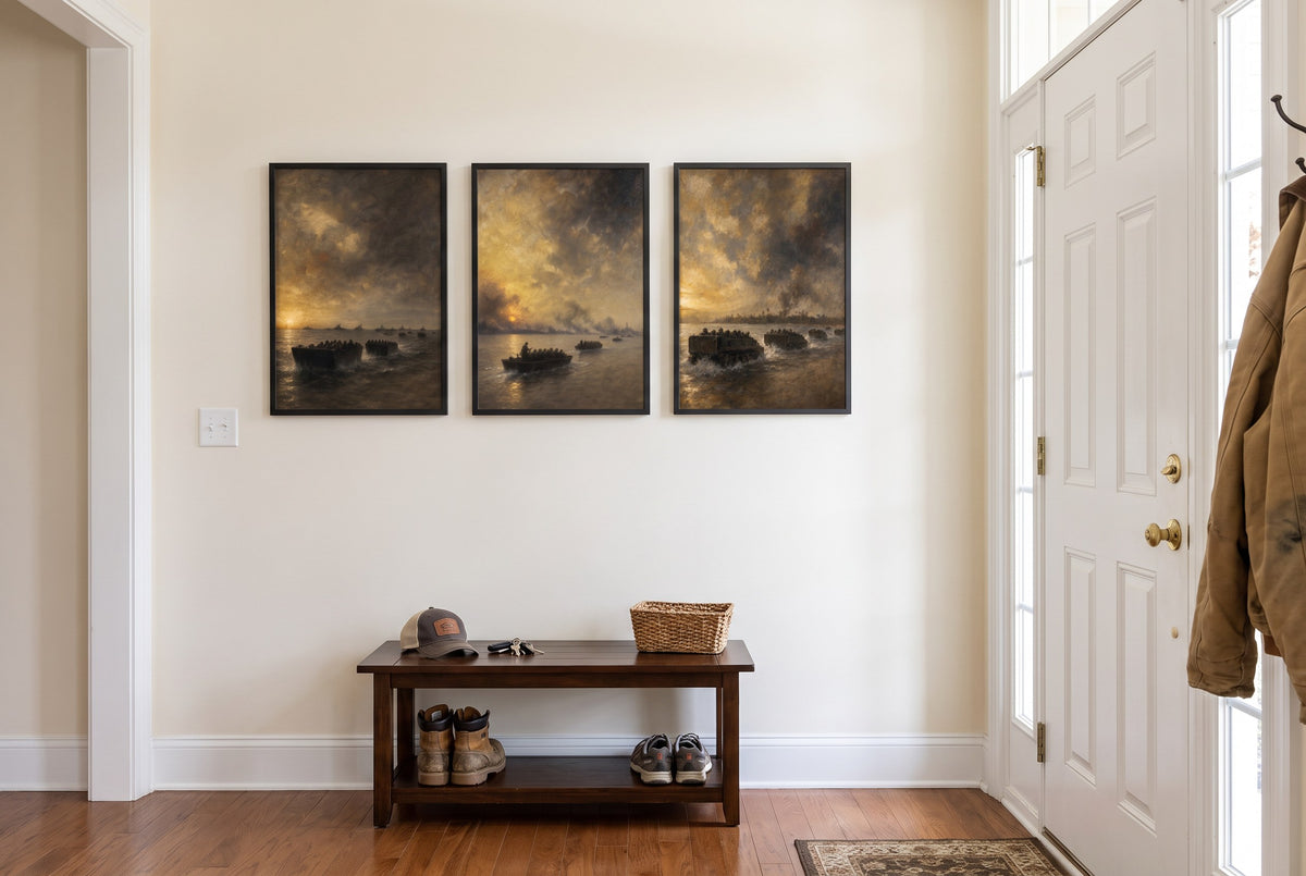 The Crossings framed prints hung in a front entry