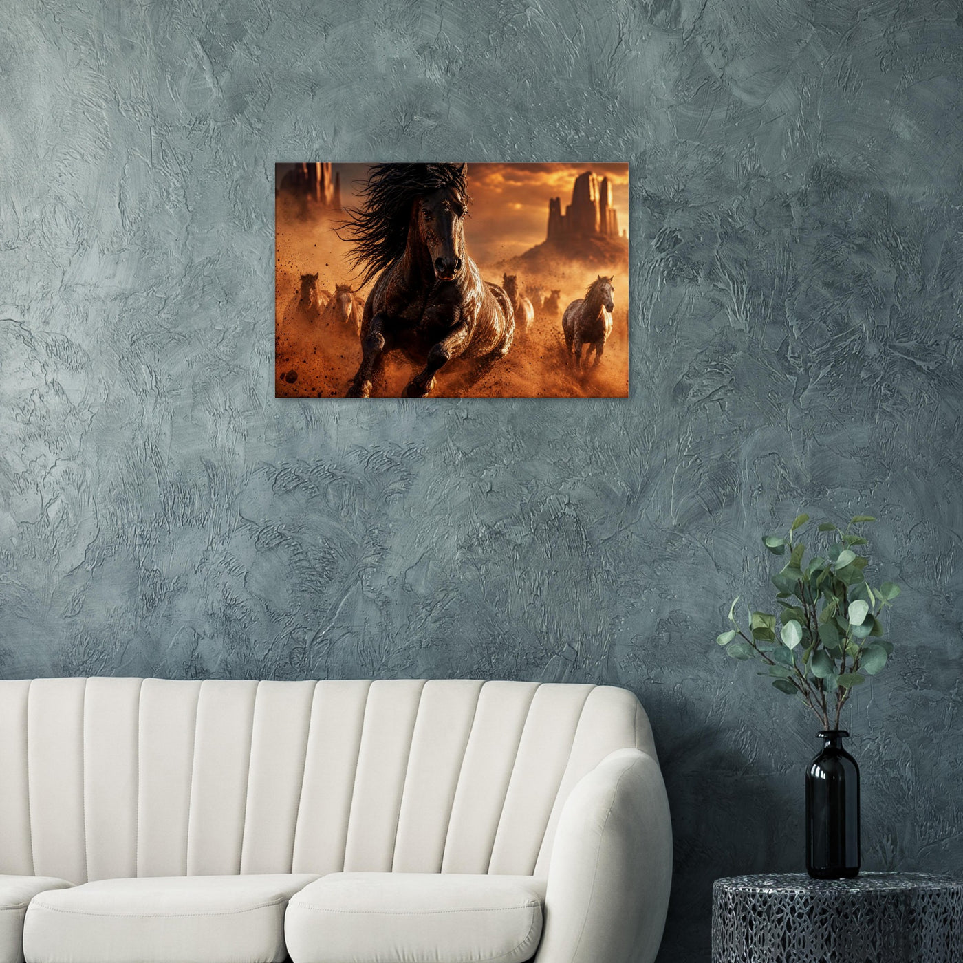 Canvas print of a wild mustang in the desert — room view, ready to hang.