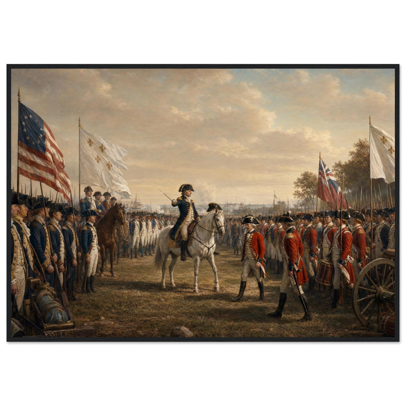 Wooden framed print of the surrender at Yorktown — room view, ready to hang.