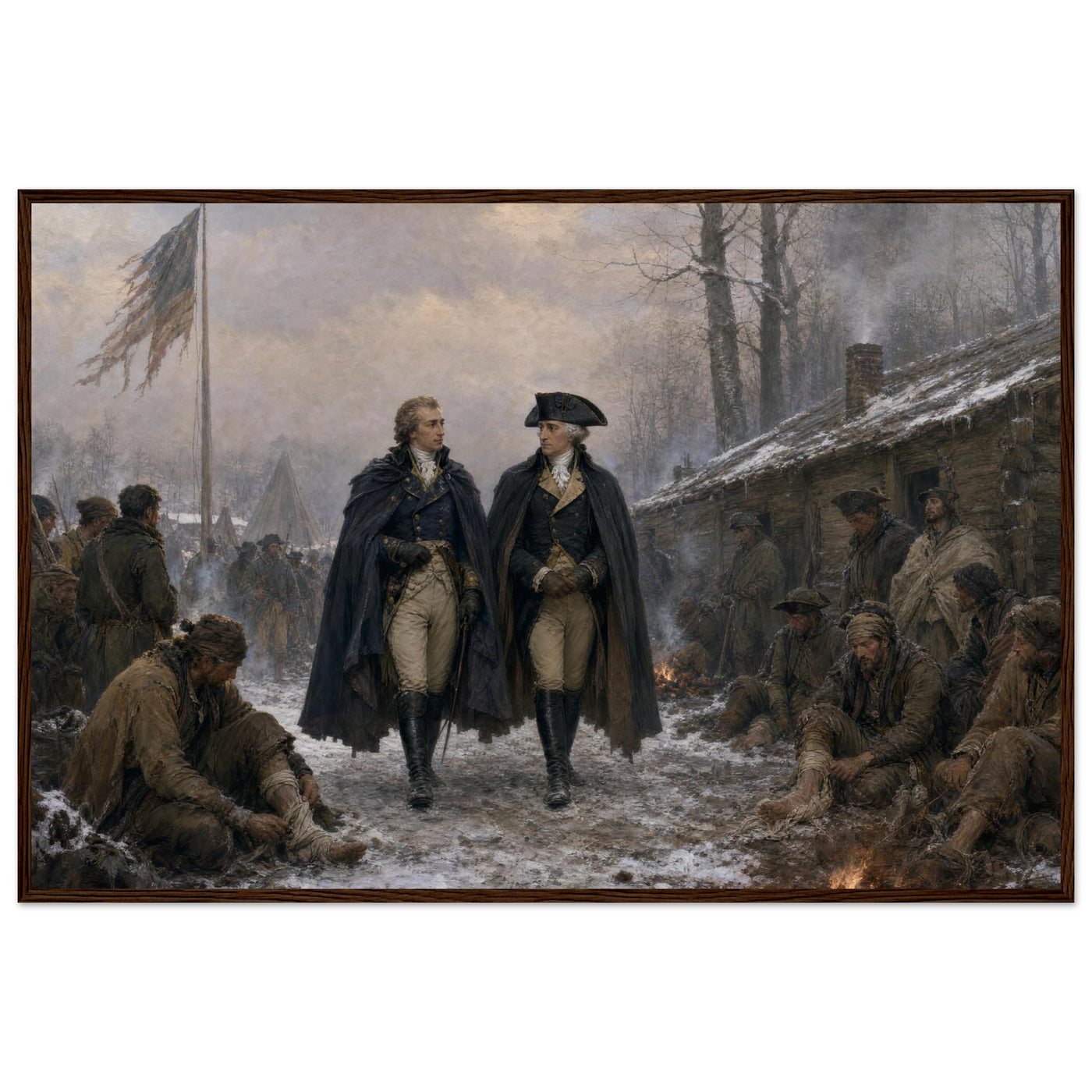 Framed print of Washington in prayer at Valley Forge, ready to hang.