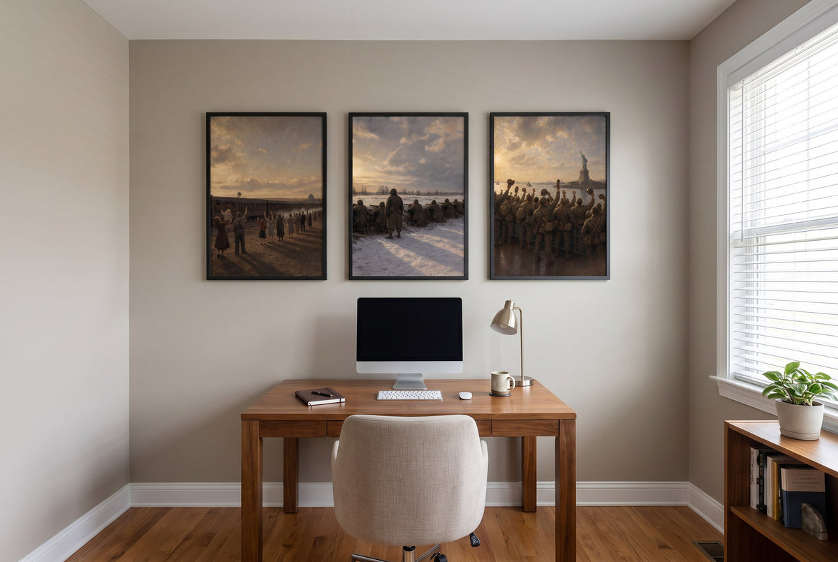 The Long Way Home framed prints hung in a home office