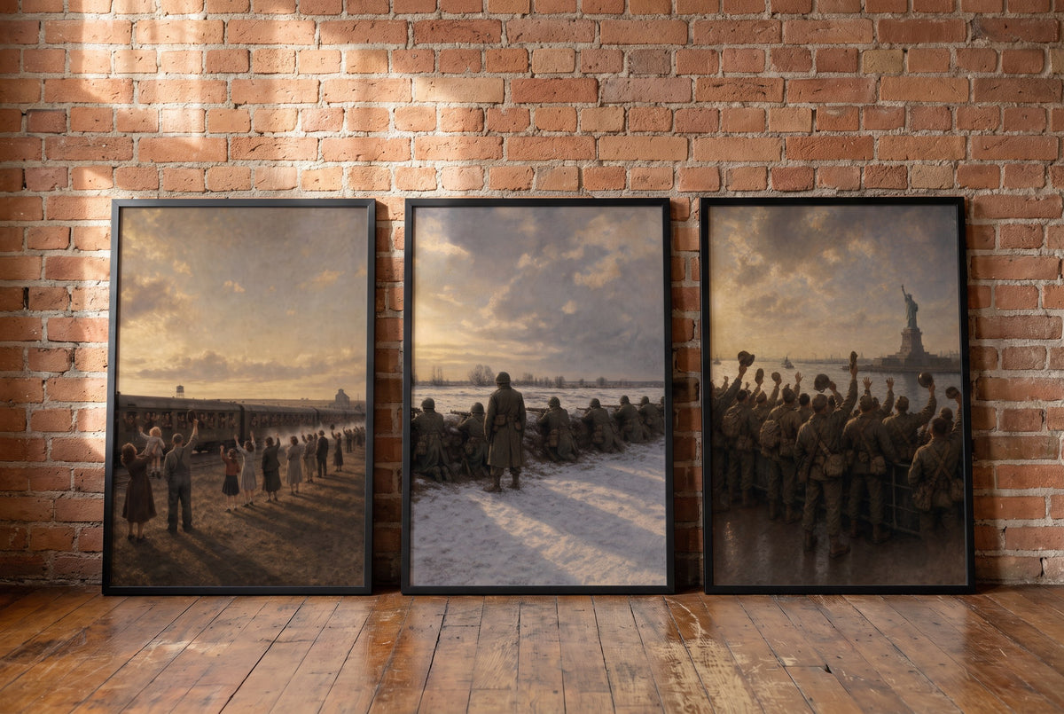 The Long Way Home framed prints leaning against a brick wall