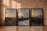 The Long Way Home framed prints leaning against a brick wall