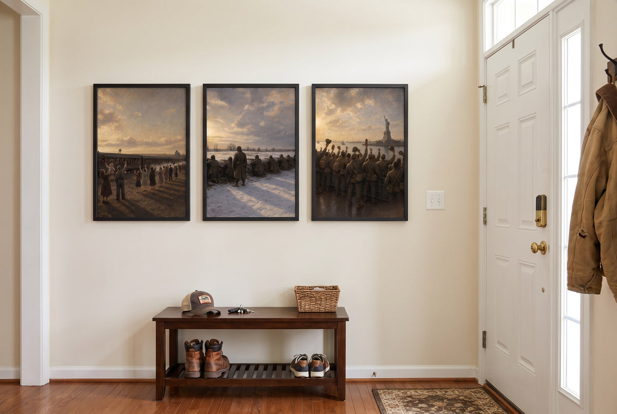 The Long Way Home framed prints hung in a front entry
