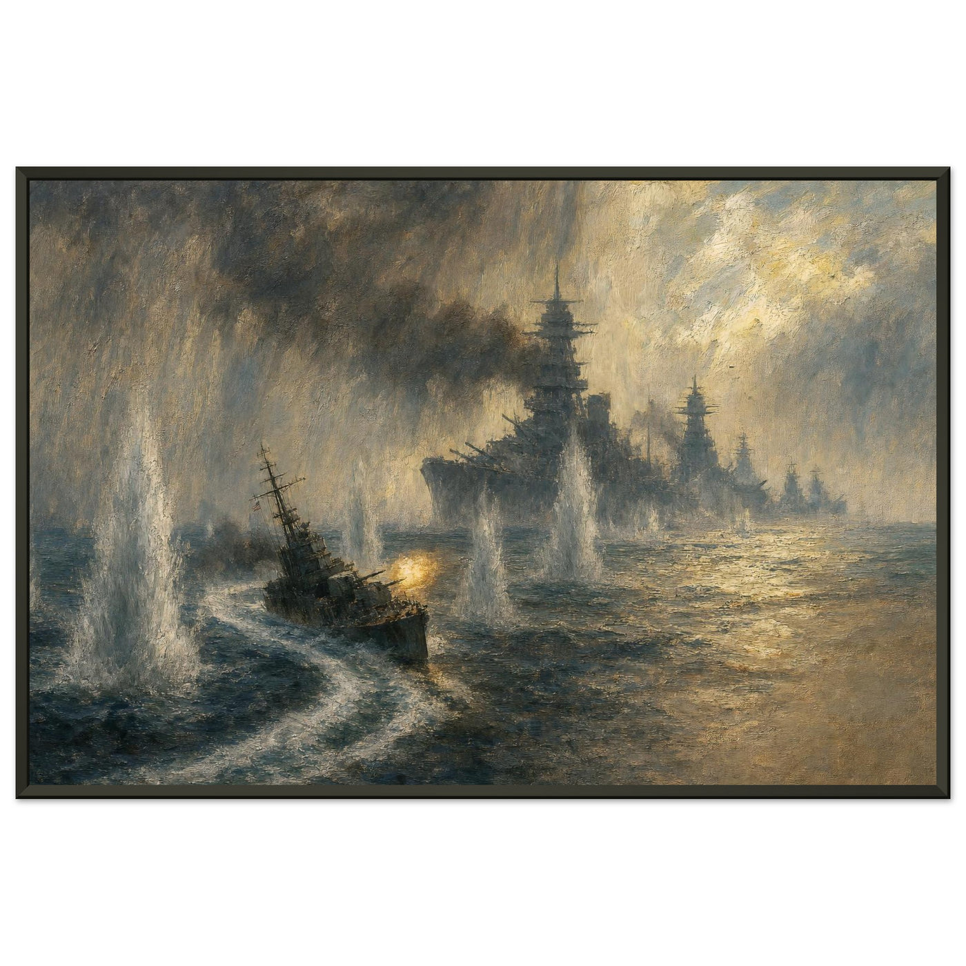 USS Johnston at Samar — framed fine art print of a destroyer charging Japanese battleships, 24x36″ in a black frame