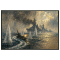 USS Johnston at Samar — framed fine art print of a destroyer charging Japanese battleships, 24x36″ in a black frame