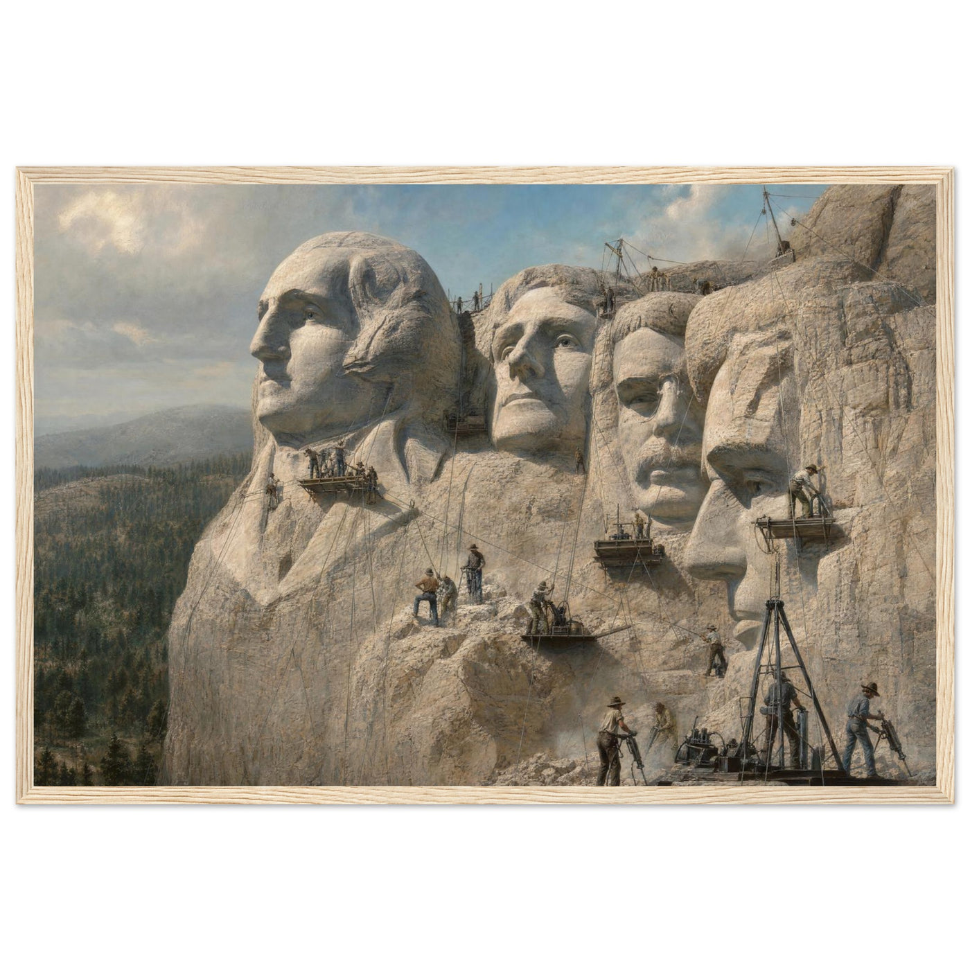 Framed panoramic art print of workers carving the presidential faces of Mount Rushmore, in a solid wood frame.