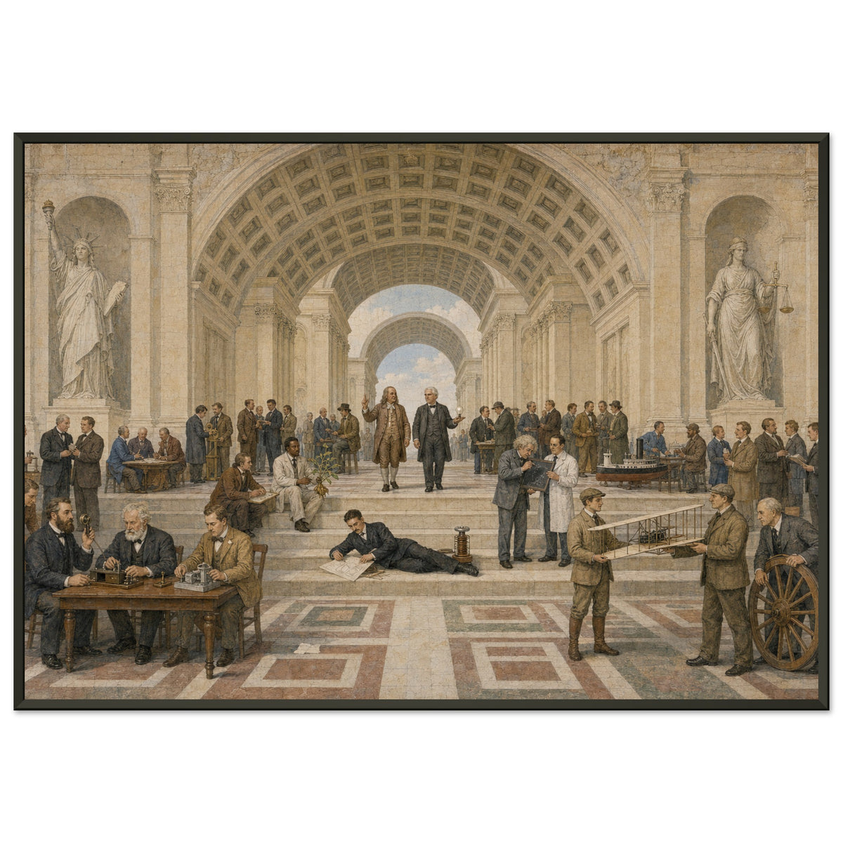 The School of Invention framed print, American inventors in a vaulted hall, in a black frame