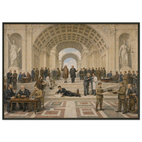 The School of Invention framed print, American inventors in a vaulted hall, in a black frame