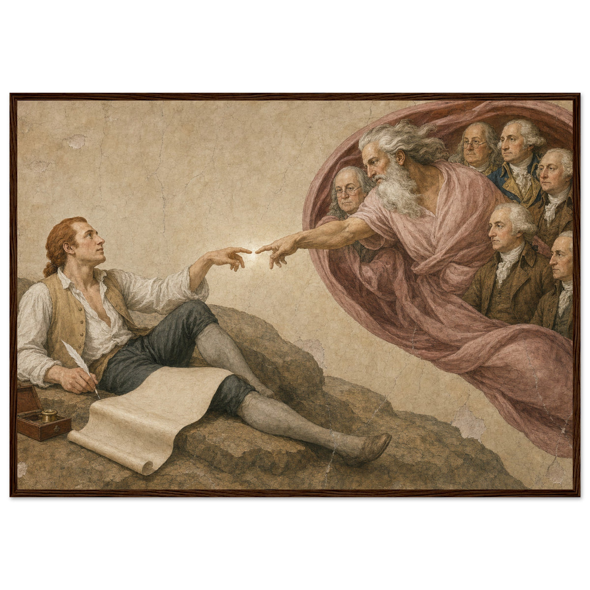 The Creation of a Nation framed print, Jefferson reaching toward the founders, in a dark wood frame