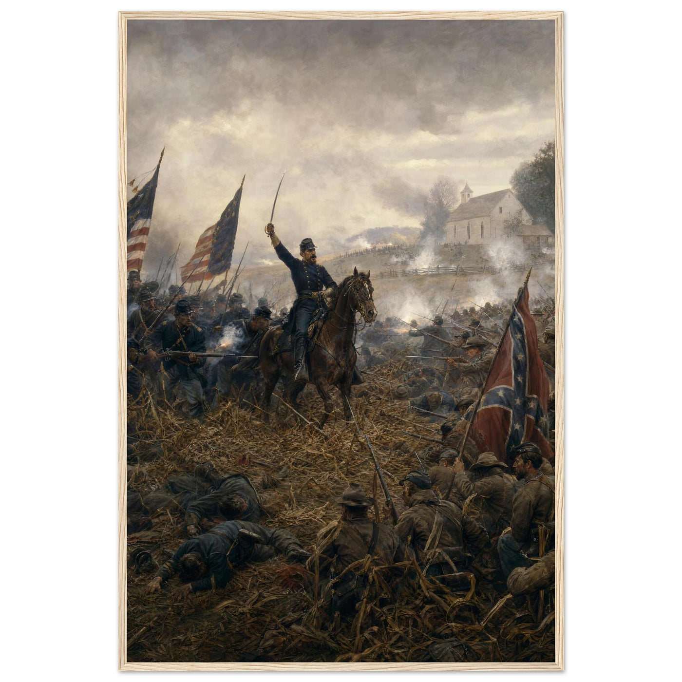 Framed print of a Civil War battlefield, ready to hang.