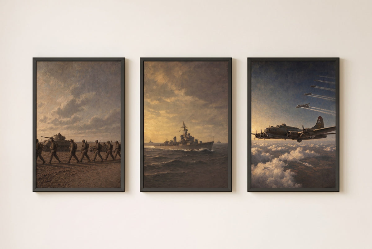 By Land, Sea, and Air set of framed prints displayed as a gallery wall