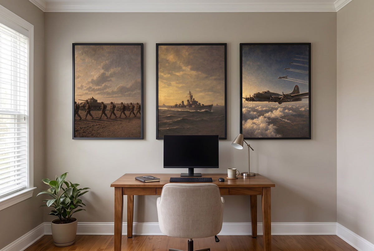 By Land, Sea, and Air framed prints hung in a home office