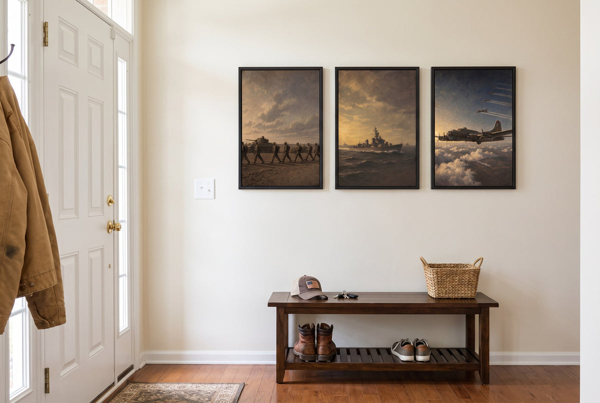 By Land, Sea, and Air framed prints hung in a front entry