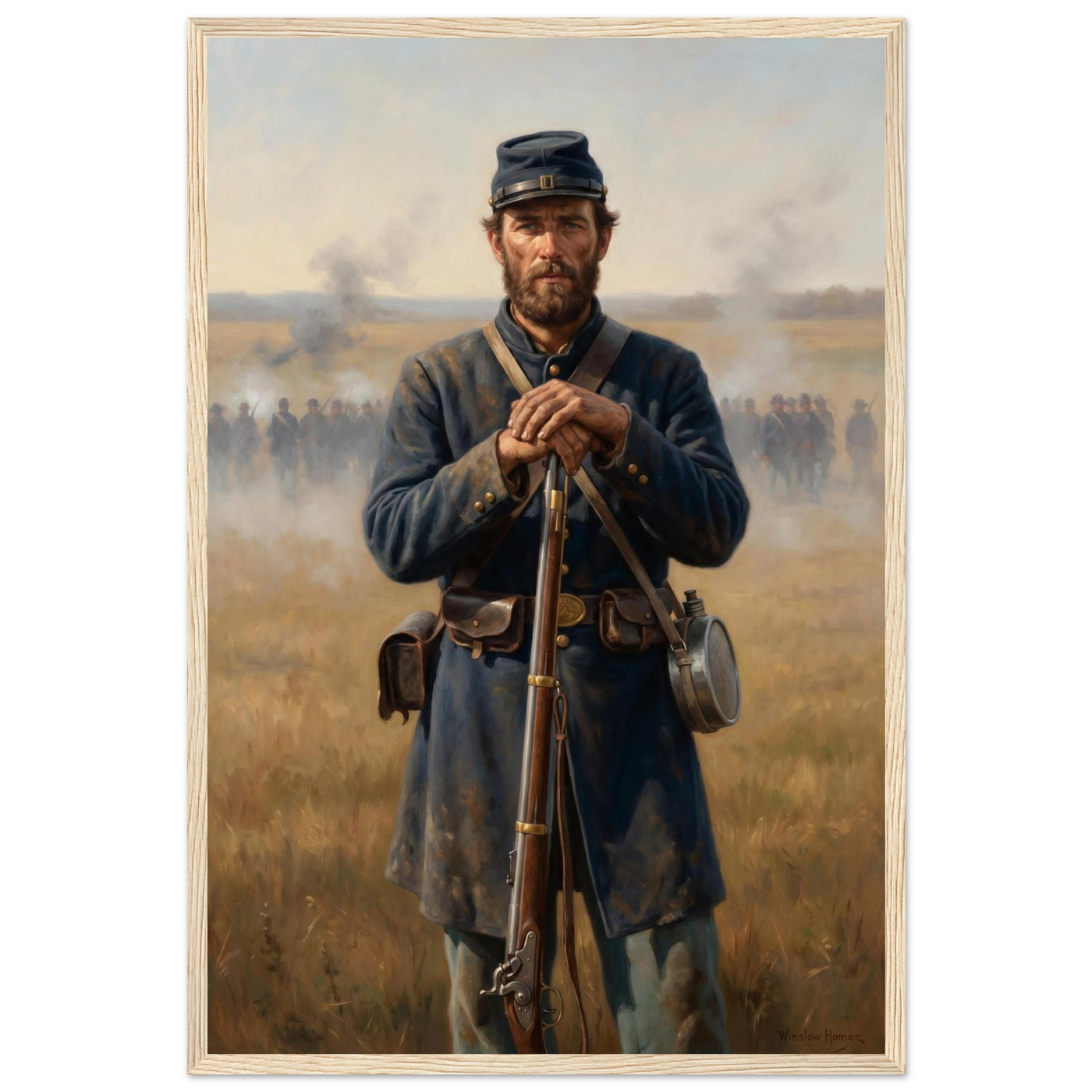 Framed portrait of a Union soldier standing with his rifle, ready to hang.
