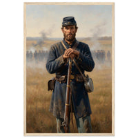 Framed portrait of a Union soldier standing with his rifle, ready to hang.