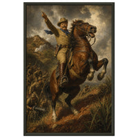 Up San Juan Hill — framed fine art print of Theodore Roosevelt on a rearing bay horse pointing uphill, troopers climbing behind him, in a black frame