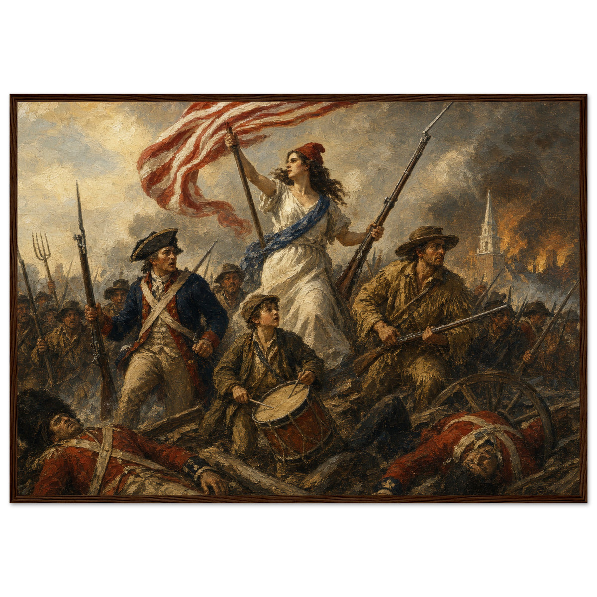 Liberty Leads the Line — framed fine art print of Liberty in a red cap carrying the flag over a battlefield with a drummer boy at her feet, in a dark wood frame