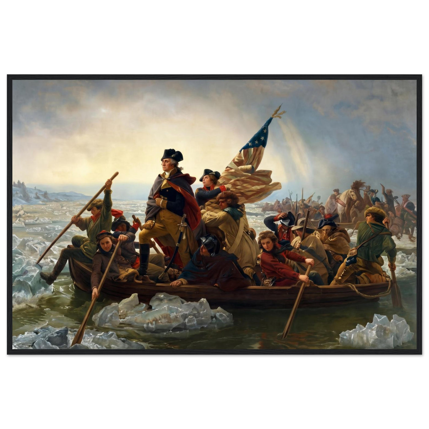 Wooden framed print of Washington crossing the Delaware — room view, ready to hang.