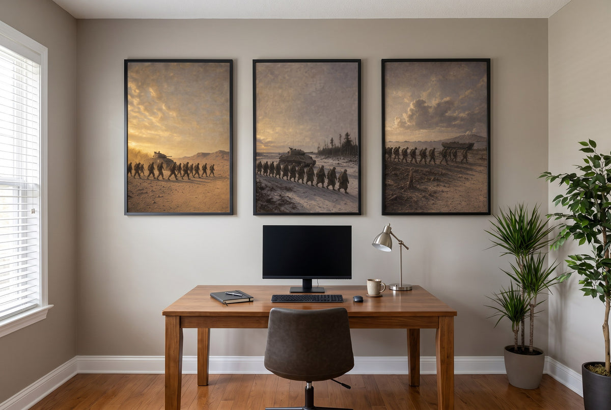 The Three Theaters framed prints hung in a home office