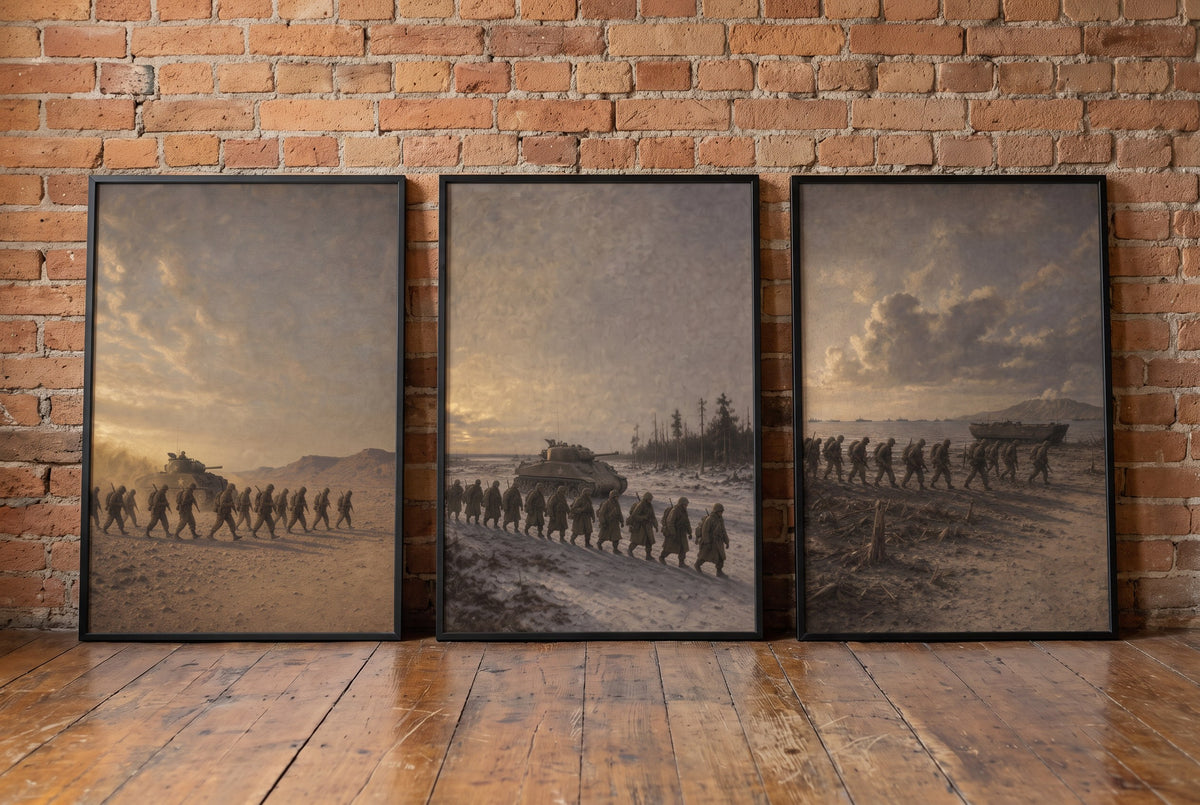 The Three Theaters framed prints leaning against a brick wall