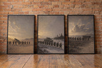 The Three Theaters framed prints leaning against a brick wall