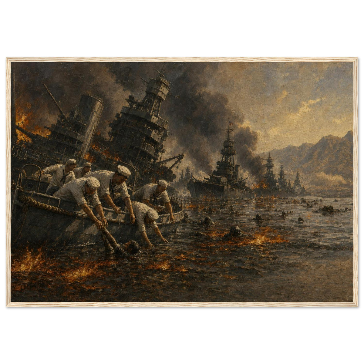Pearl Harbor, 7 December 1941 — framed fine art print of sailors rescuing men at sea, 12x18″ in a natural wood frame