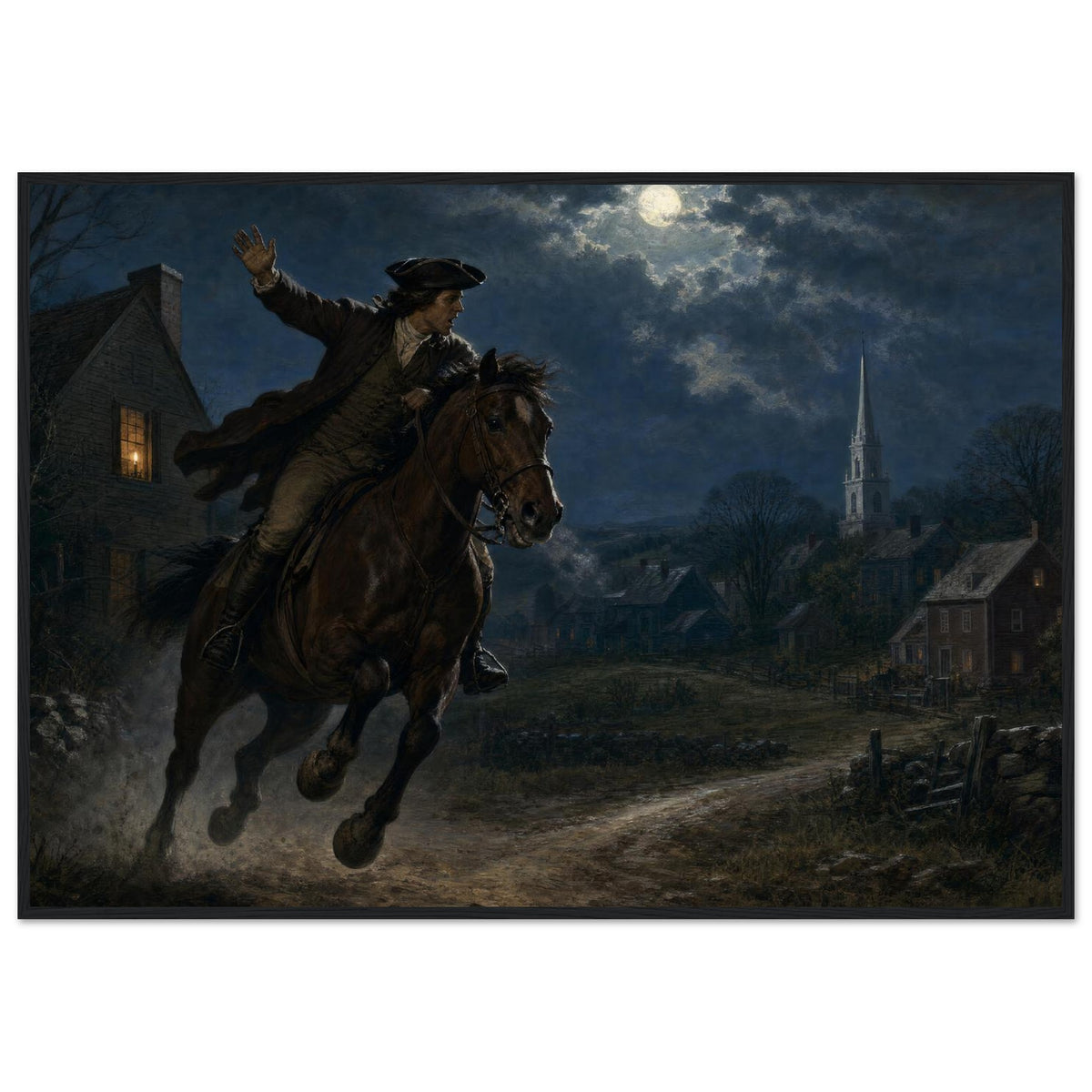 Framed print of Paul Revere's midnight ride, ready to hang.
