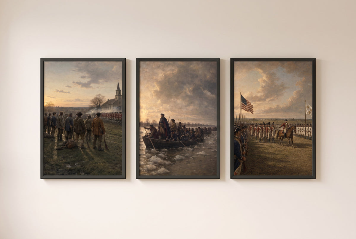 Lexington to Yorktown set of framed prints displayed as a gallery wall