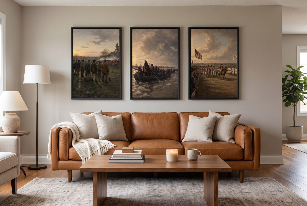 Lexington to Yorktown framed prints hung above a sofa in a living room