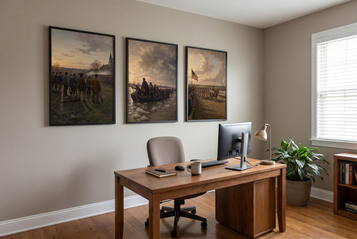 Lexington to Yorktown framed prints hung in a home office