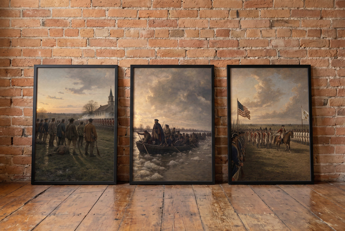 Lexington to Yorktown framed prints leaning against a brick wall