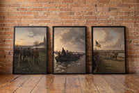 Lexington to Yorktown framed prints leaning against a brick wall