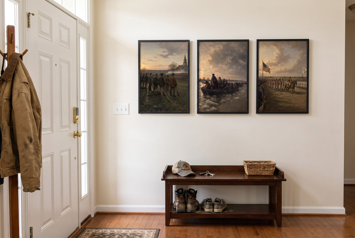 Lexington to Yorktown framed prints hung in a front entry