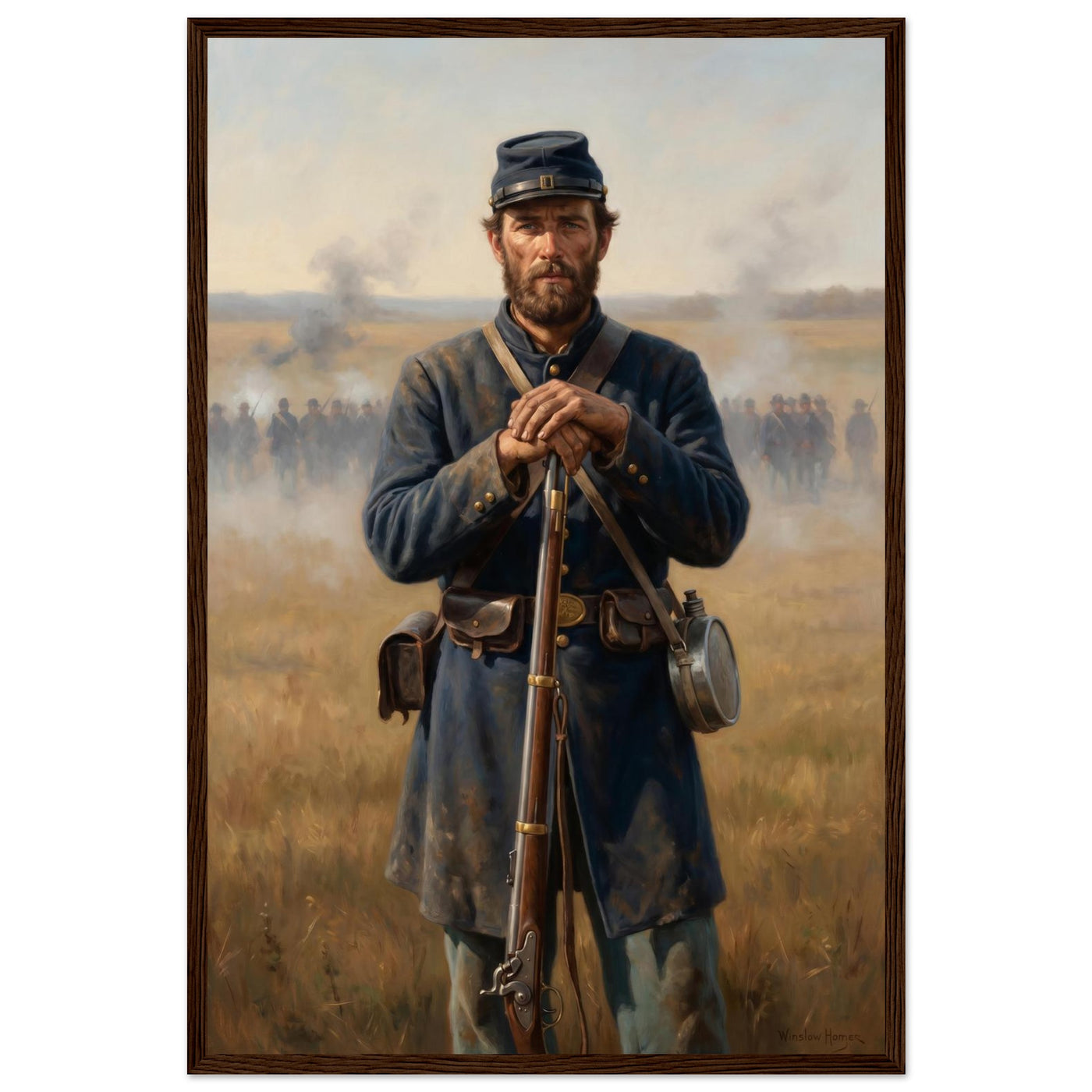 Framed portrait of a Union soldier standing with his rifle, ready to hang.