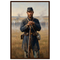 Framed portrait of a Union soldier standing with his rifle, ready to hang.