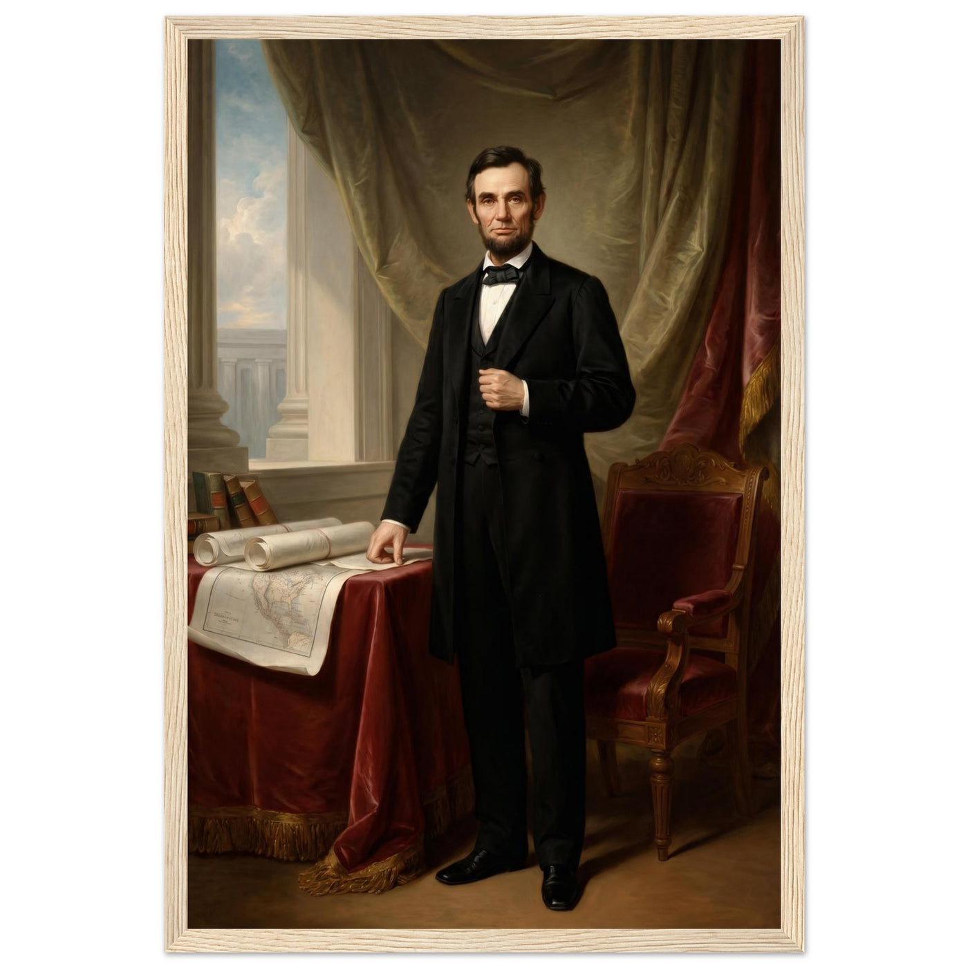 Framed standing portrait of President Abraham Lincoln, ready to hang.