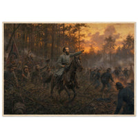 Framed art print of a mounted Civil War officer leading a charge through darkening woods at twilight, in a solid wood frame.