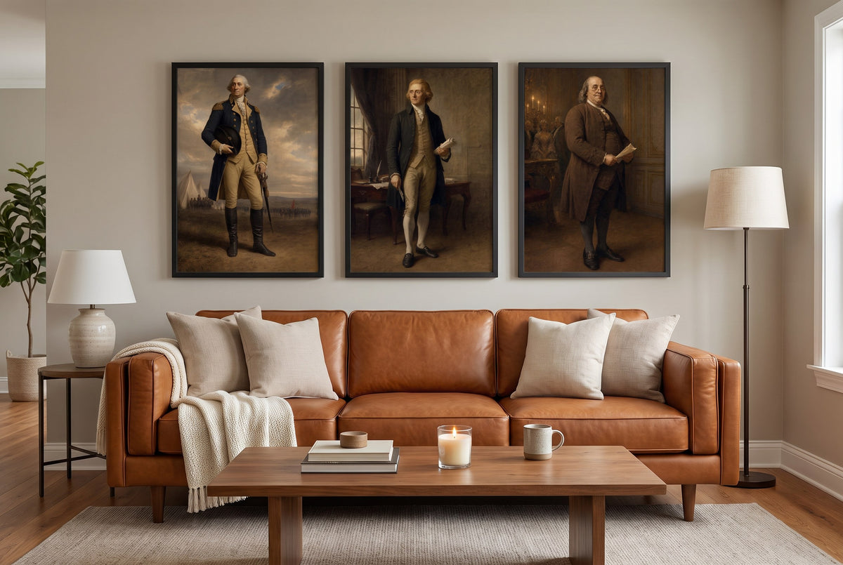 The Founders framed prints hung above a sofa in a living room
