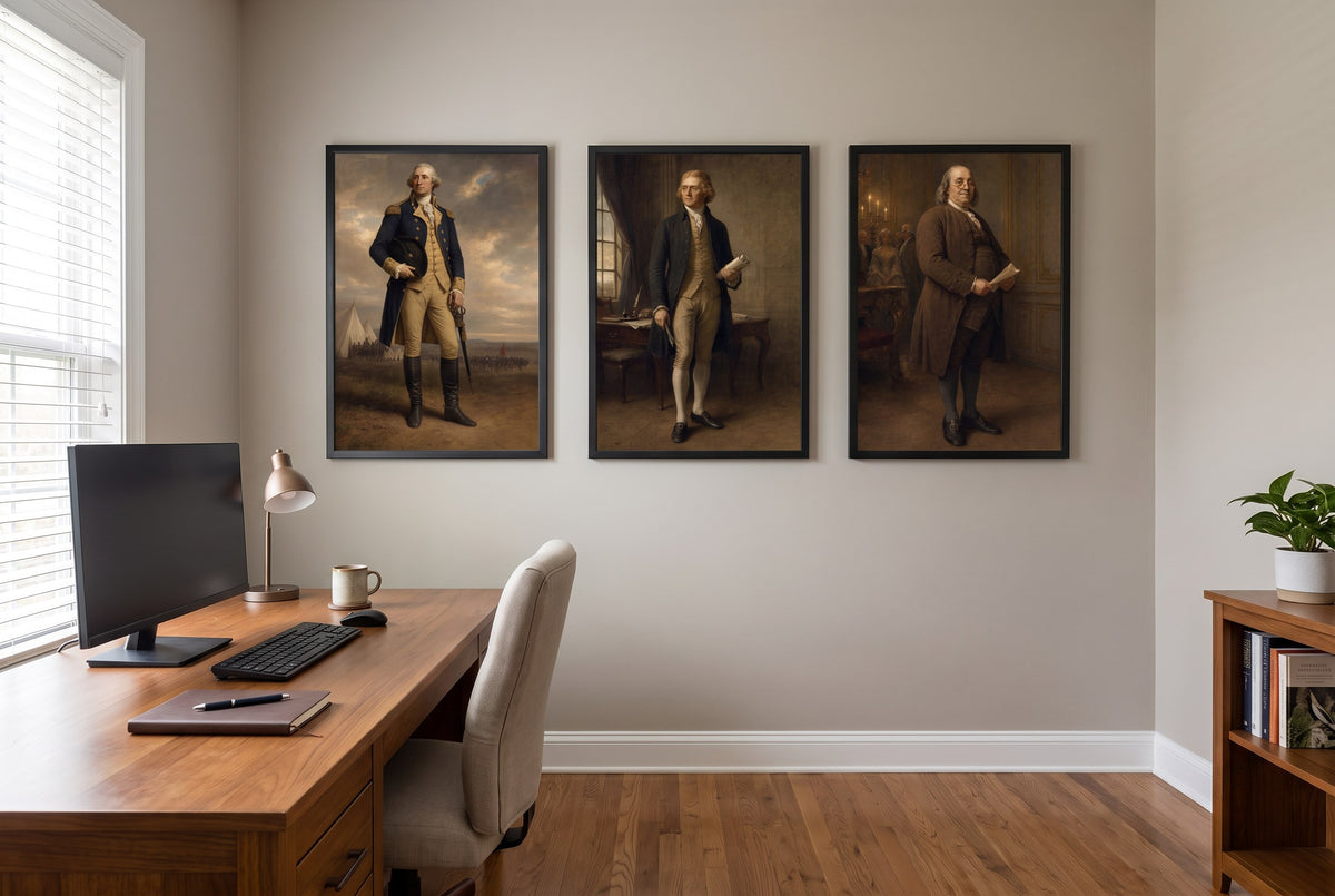 The Founders framed prints hung in a home office